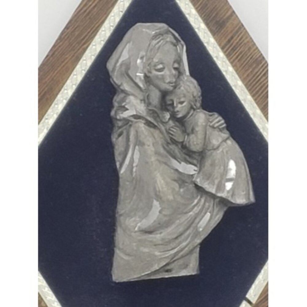 Peltro Cesellato a Mano Pewter Madonna Mary with Child Blue Velvet made in Italy